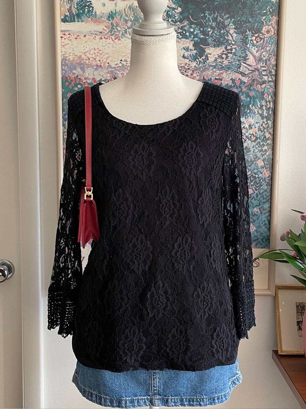 Valerie Stevens Black Lace Bell Sleeve Top Small Crochet Whimsigoth Alt Gothic
